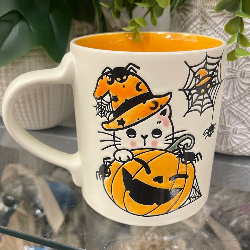 Halloween Cat Witch Pumpkins Spiders Orange Ceramic Coffee Mug NWT Eli & Ana - Picture 2 of 4